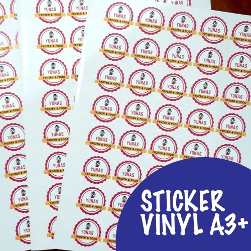 

Cetak Stiker Label Vinyl : doff / Glossy / Transparant A3+, Cutting kotak, Bulat / Custom