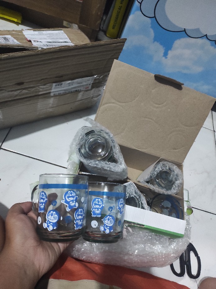 Set 6 Pcs - Cangkir Kaca Doraemon - Mug Set - Elegan Terlaris Termurah - Promo Diskon