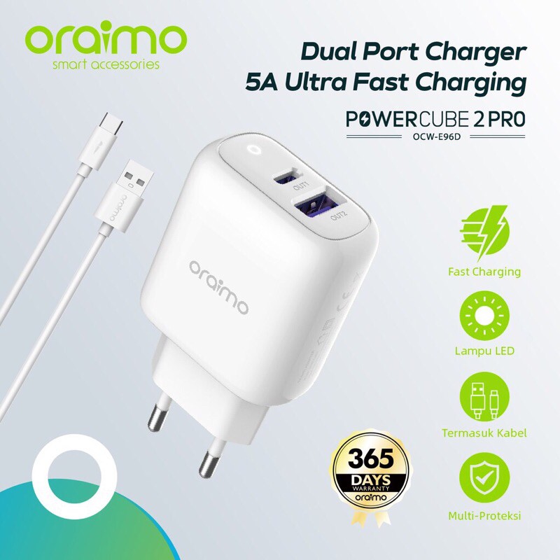 Oraimo OCW-E96D Charger Handphone Original Dual Port Smart Ultra Fast Charging Iphone/Android - Garansi 1 Tahun