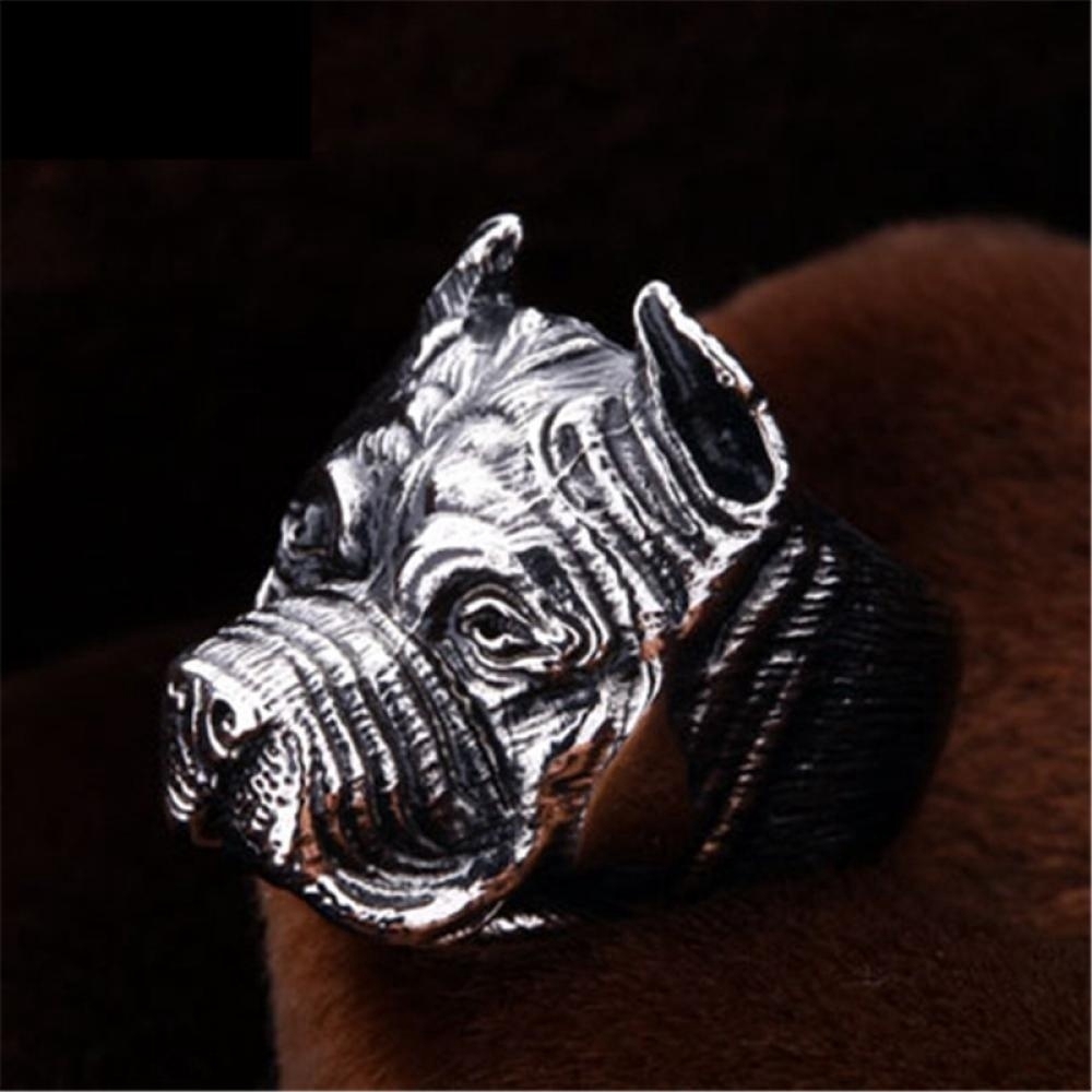 Cincin Desain Anjing Pitbull Gaya Vintage Punk Warna Silver untuk Pria