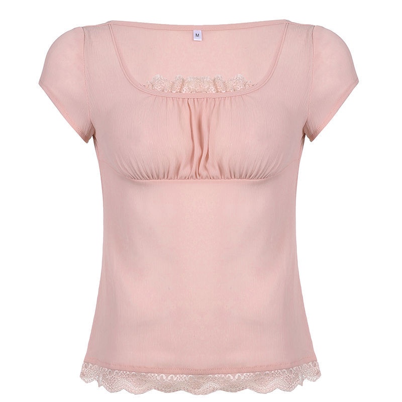 IAMHOTTY salt sweet lace girl heart pink top pure small sexy all-match chiffon T-shirt women