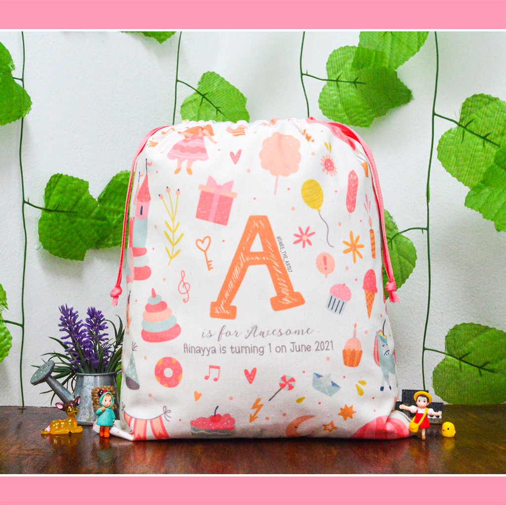 

iDk90 Full Print 1 sisi Goodie Bag Pouch Serut Belacu Tas Ulang Tahun custom ukuran 25x30