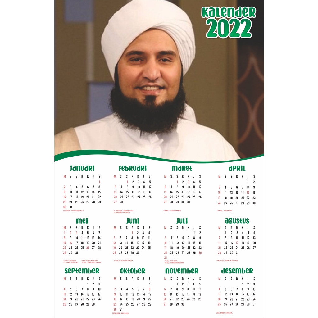 Kalender 2022 CUSTOM Habib - Kalender Habaib - Kalender Ulama - Kalender Dinding Custom Kartun - Kalender Dinding 2022 - Kalender 1 Lembar 12 Bulan - Kalender A3+