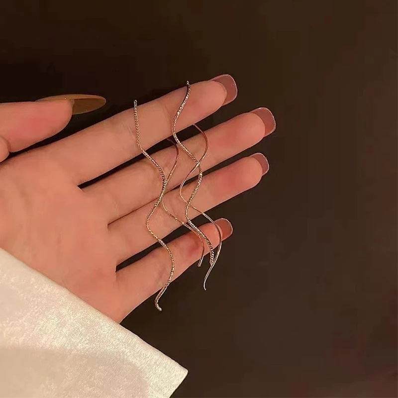 [Korean Vintage Geometric Wavy Tassel Long Chain Earrings] [Women Bridal Wedding Drop Earrings] [Ladies Elegant Rhinestone Long Dangle Earrings]