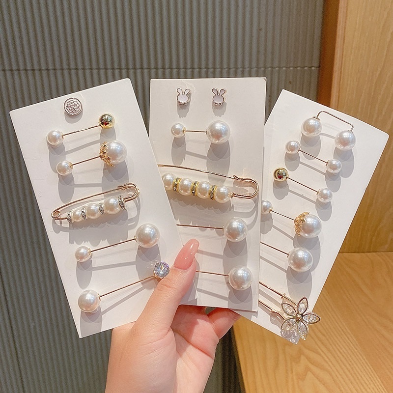 YEEZII 6Pcs/Set Korean Diamond Pearl Brooch Pins Fashion Elegant Waist Fixed Adjuster Clip Women Accessories Jewelry Gift