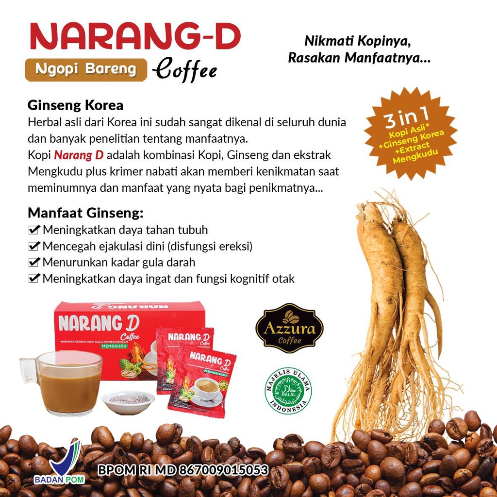 

Kopi Coffe Narang D Azzura Robusta Arabika Herbal Asli Kopi Instan Ginseng Korea Ekstract Ekstra Mengkudu BPOM 3 In 1 One Murni Sehat