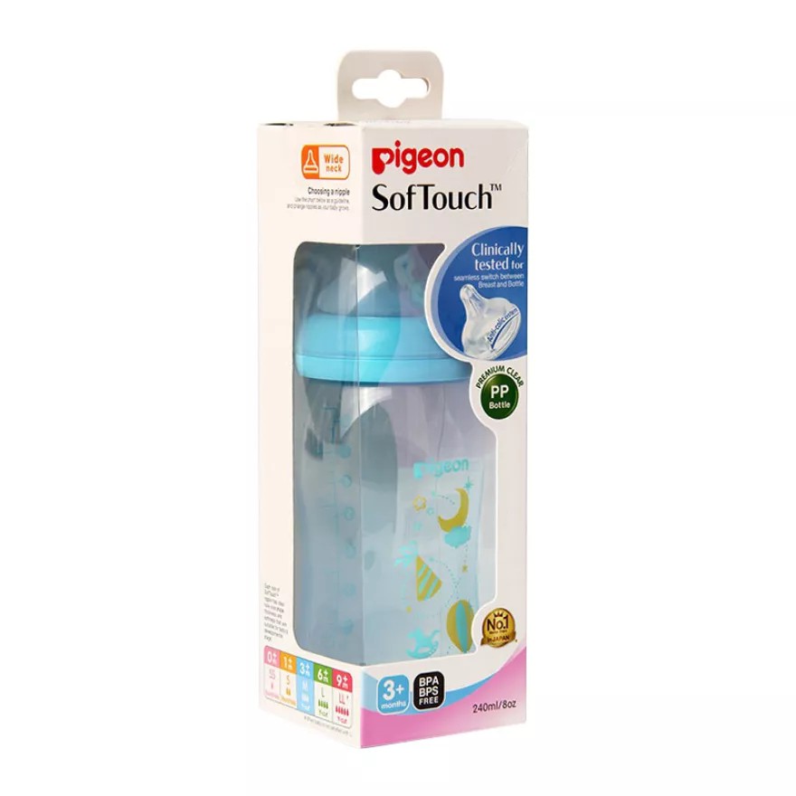 Pigeon Botol Susu SofTouch Peristaltic Plus PP Clear Wide Neck Bottle 3+ Bulan Biru 240ml