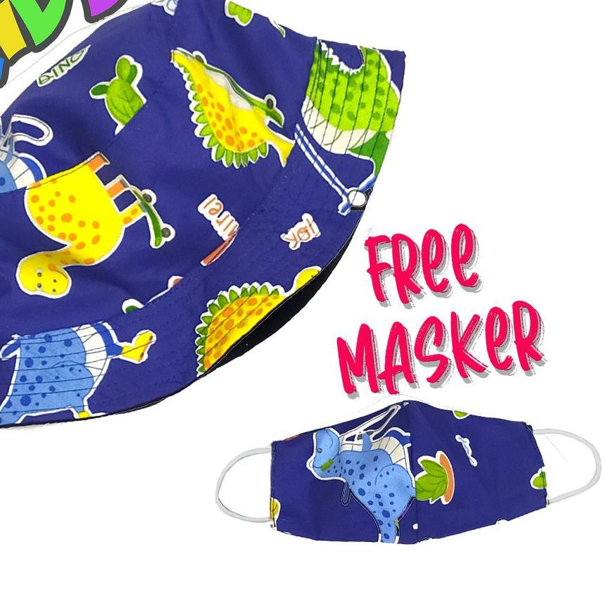 Topi Bucket Hat Anak Navy Biru Dino Dinosaurus Pantai Motif Cowok Balita Laki Kids Motif Kid TK SD