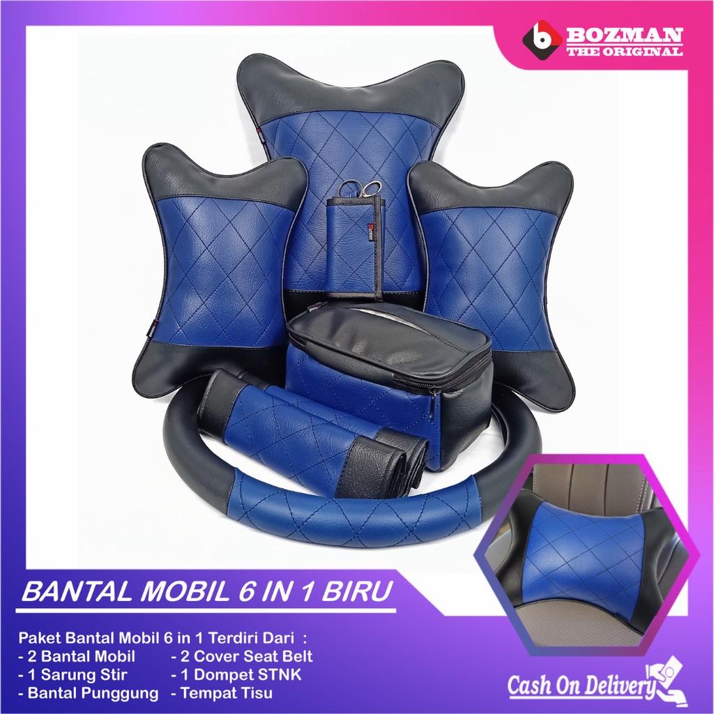 Set Bantal Mobil 6 in 1 Premium Bantal Leher Pinggang Cover Stir SeatBelt Tempat Tisu Free Dompet STNK