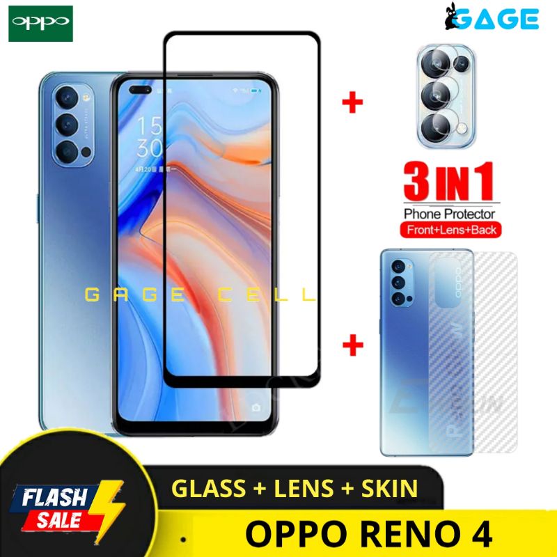 PAKET 3IN1 TEMPERED GLASS LAYAR KAMERA SKIN CARBON OPPO RENO 4 TG ANTI GORES OPPO RENO4 FULL SCREEN