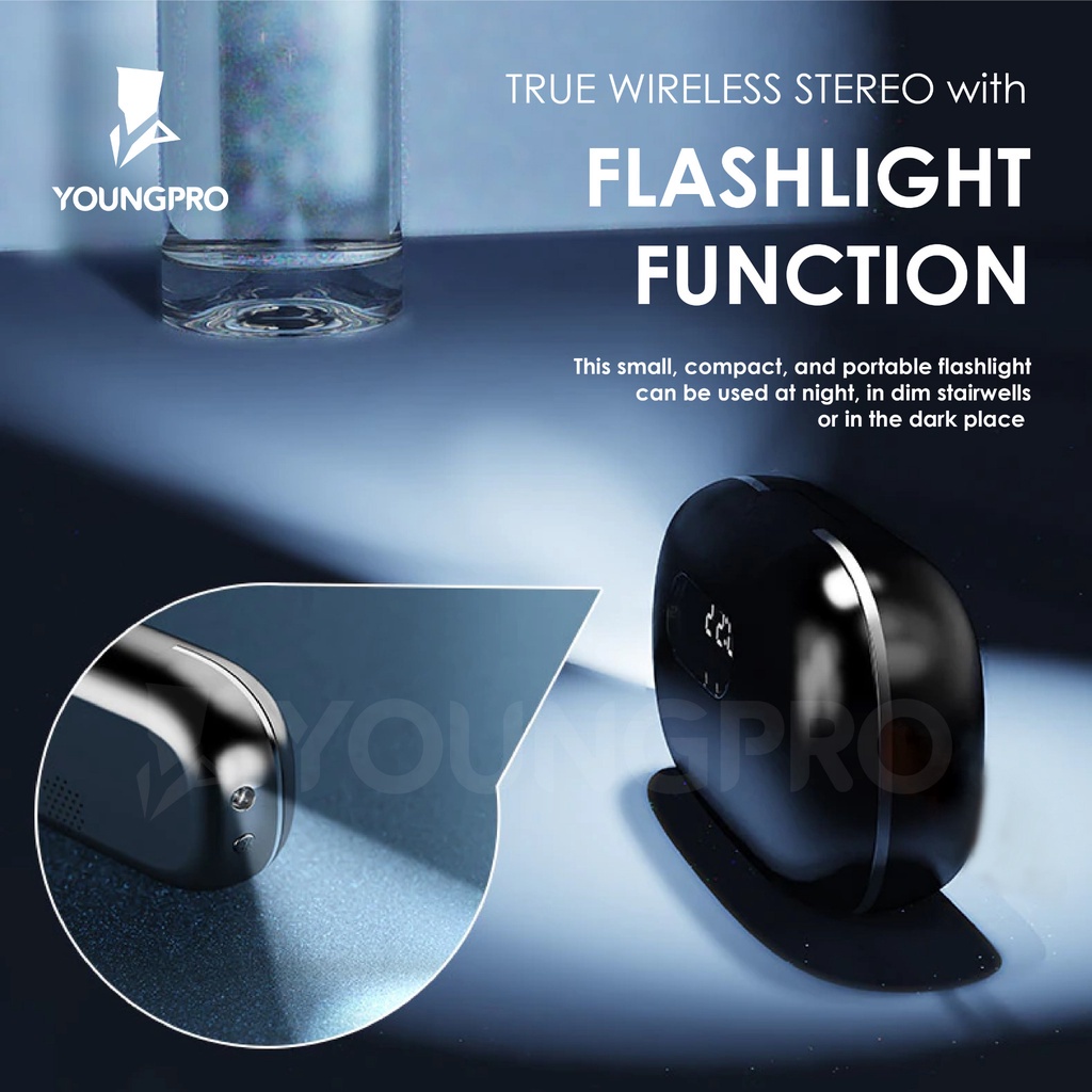 YOUNGPRO TWS DELTA Earphone Wireless Bluetooth With PowerBank Case Portable Flaslight Jam &amp; Alarm