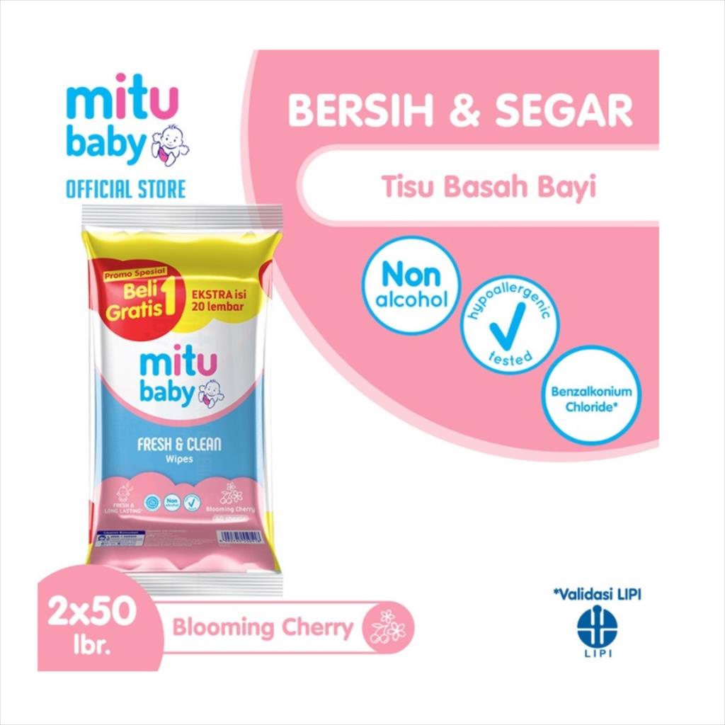 [ Buy 1 Get 1 ] Tissue Basah Mitu Baby Wipes Fresh &amp; Clean 40S + Esktra Isi 20S / 40 Sheets + 20 Sheets Pink Blooming Cherry