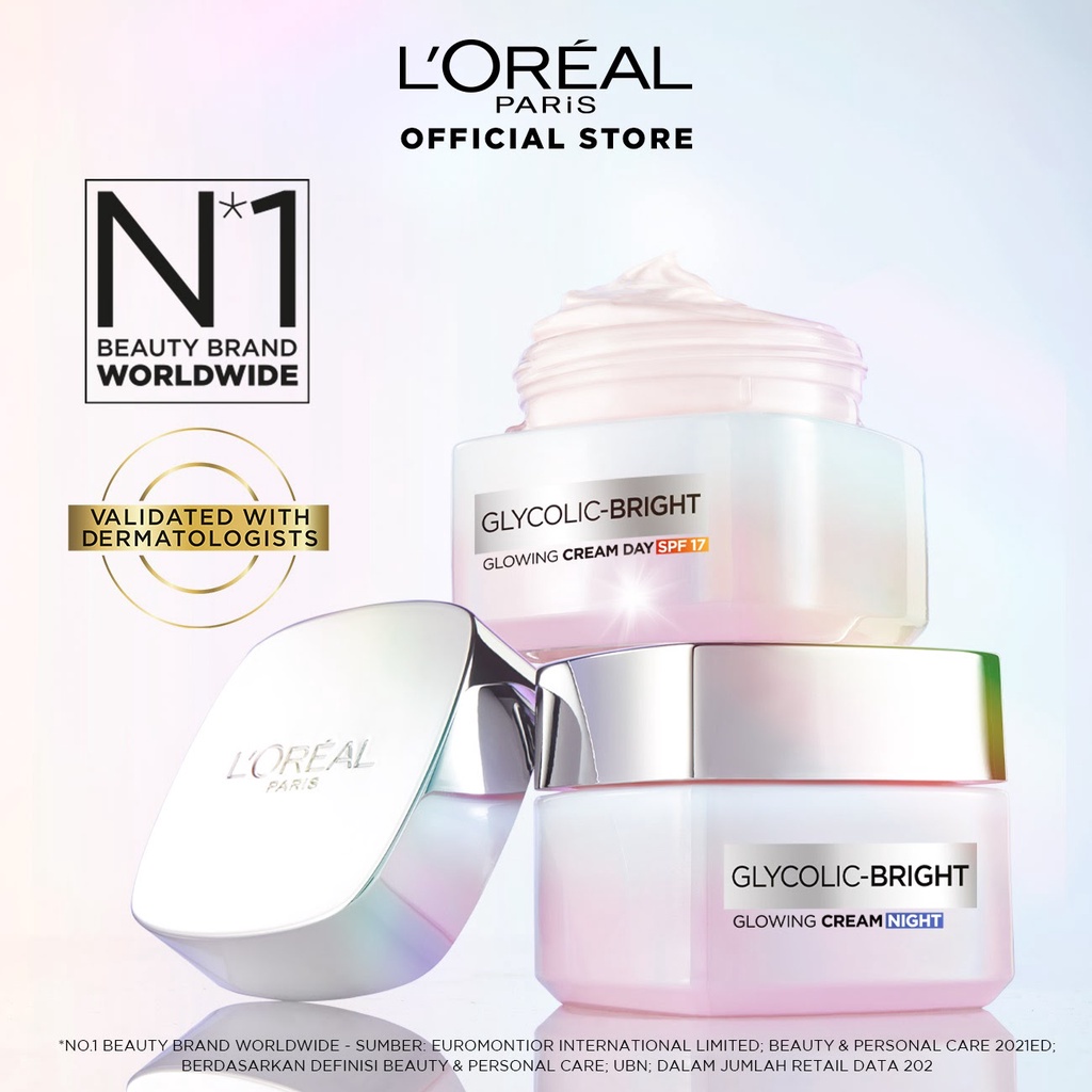 L'OREAL PARIS GLYCOLIC BRIGHT Glowing DAY NIGHT Cream | ❤ jselectiv ❤ Krim + Moisturizer (Pelembap) Siang Malam Untuk Kulit Lebih Cerah dari LOREAL PARIS ORI✔️BPOM✔️COD✔️