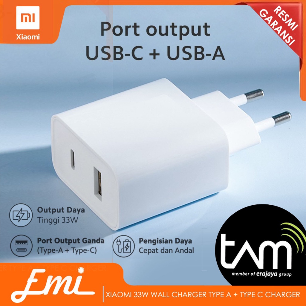 Mi 33W Wall Charger Type A + Type C Charger Kepala HP