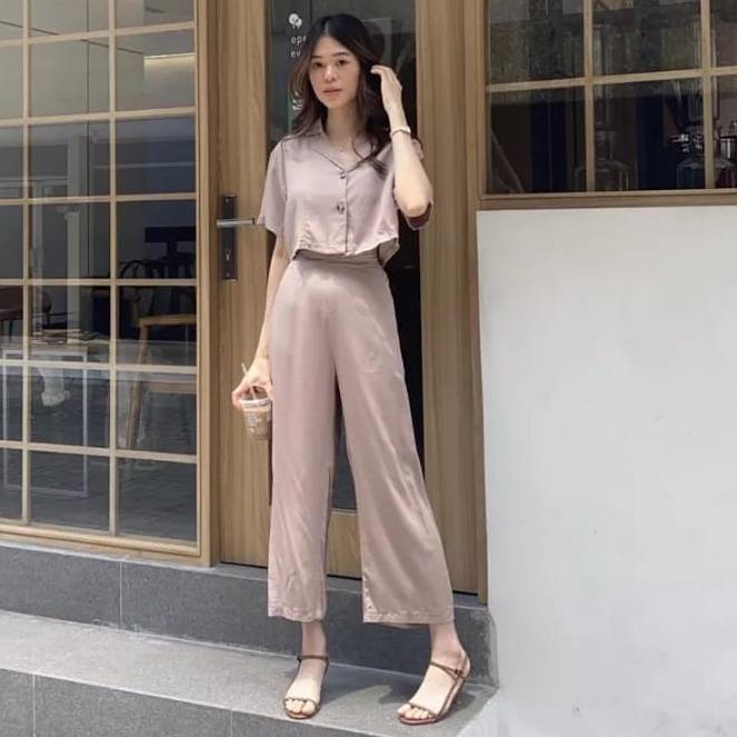 Lagi Tren.. One Set Crop Rayon Bali - Setelan Wanita Korean Style Kancing Depan Kekinian (baju+celan