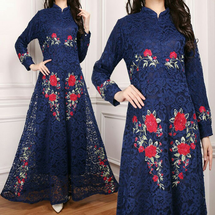 SALE    Baju Muslim / Gamis Brukat / Dress Muslim Motif Bunga Naomi Navy   New Produks