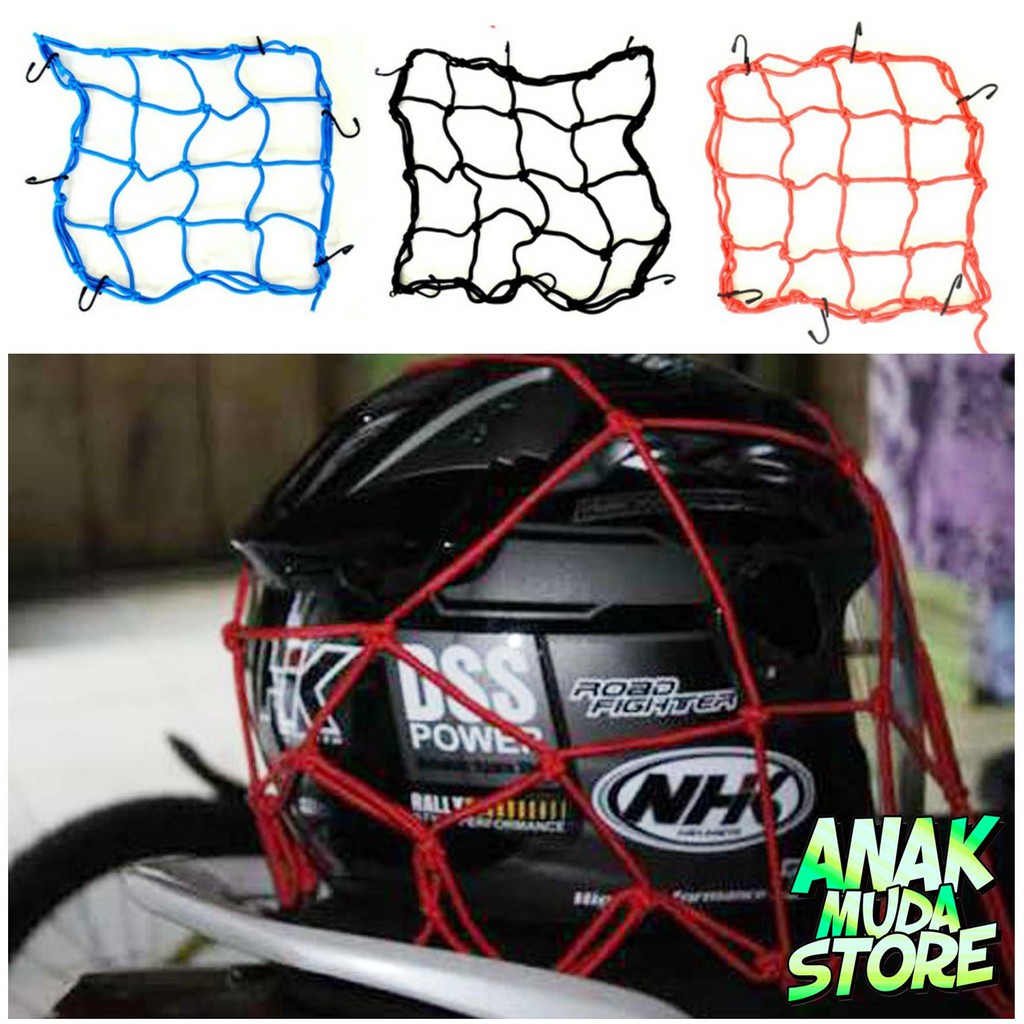 (JH01) Tali Jaring Helm Bagasi Motor Tali Karet Pengait Pengikat Barang Helmet Lentur Elastis