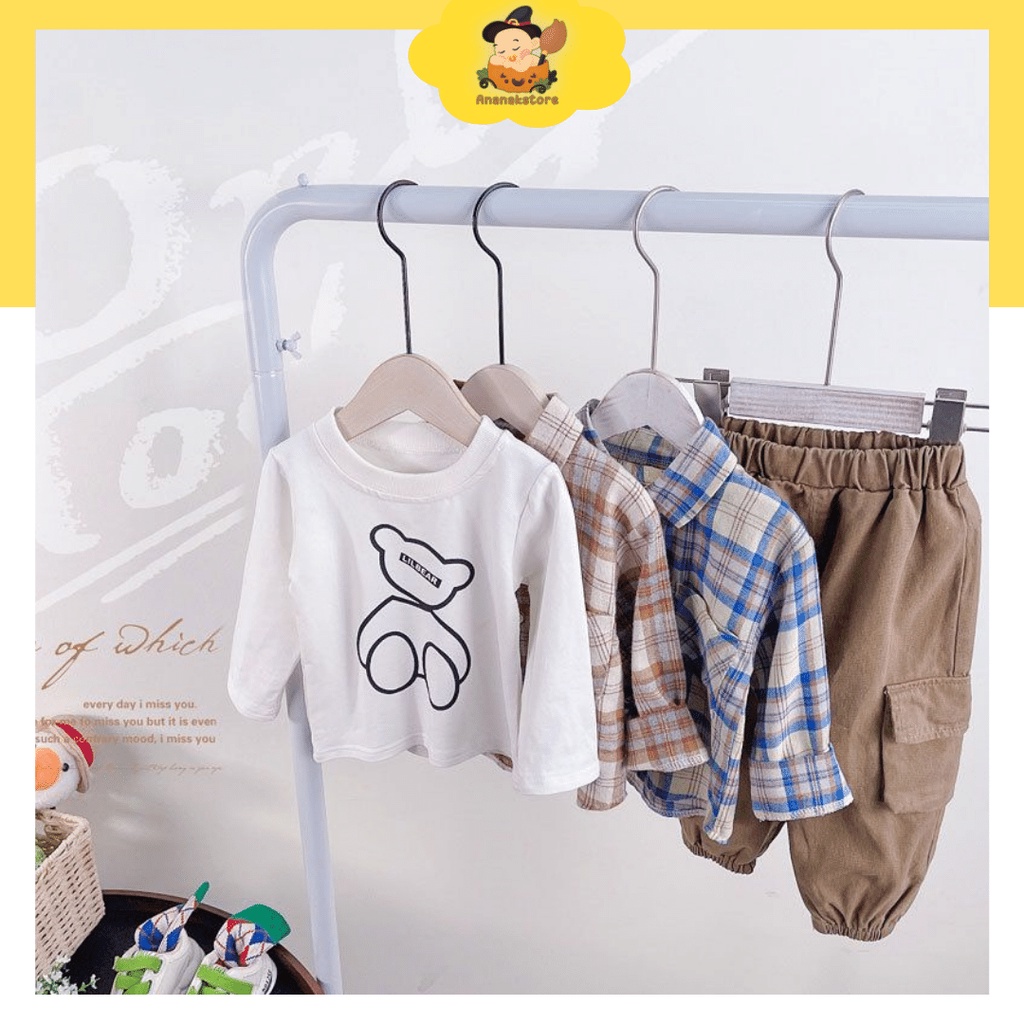 ANANAKSTORE- Setelan 3in1 kemeja anak laki laki 0-5 tahun/ baju baby impor premium Motif Bear baju baby korean style