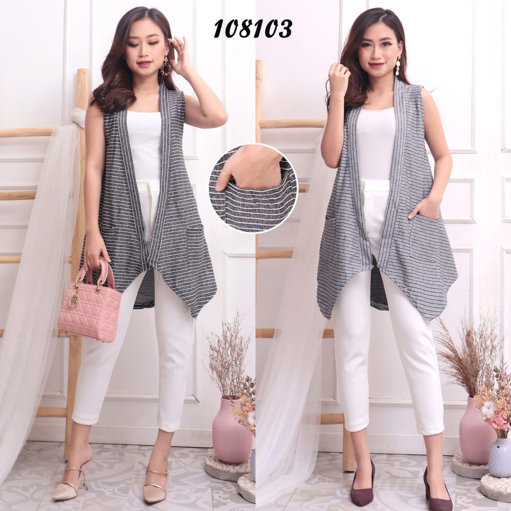 Myco Vest wanita corak Salur | Tanpa Lengan | Cardigan wanita