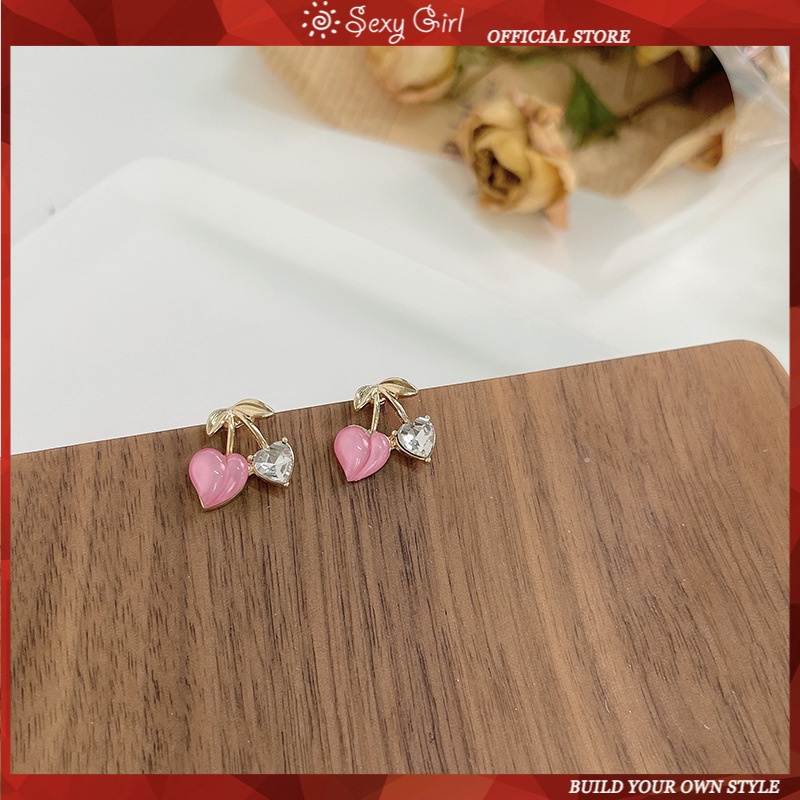 2022 Anting Tusuk Bentuk Buah Ceri Aksen Glitter + Berlian Imitasi Untuk Perhiasan Wanita