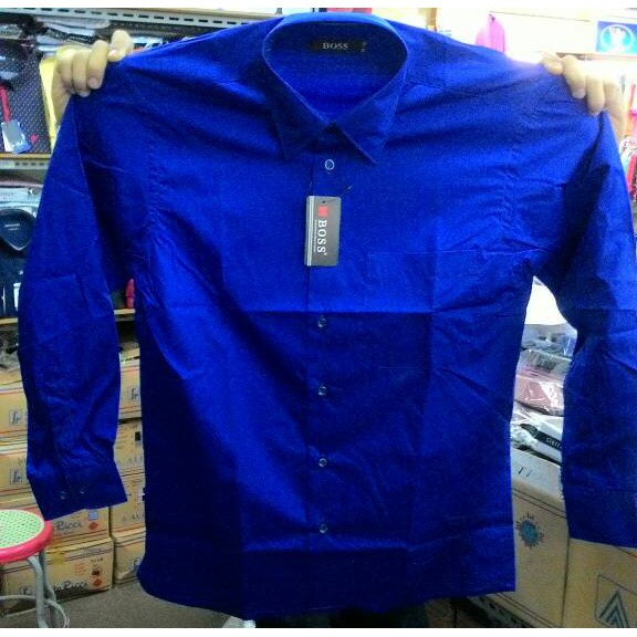 kemeja pria BOSS biru elektrik biru tua lengan panjang reguler fit