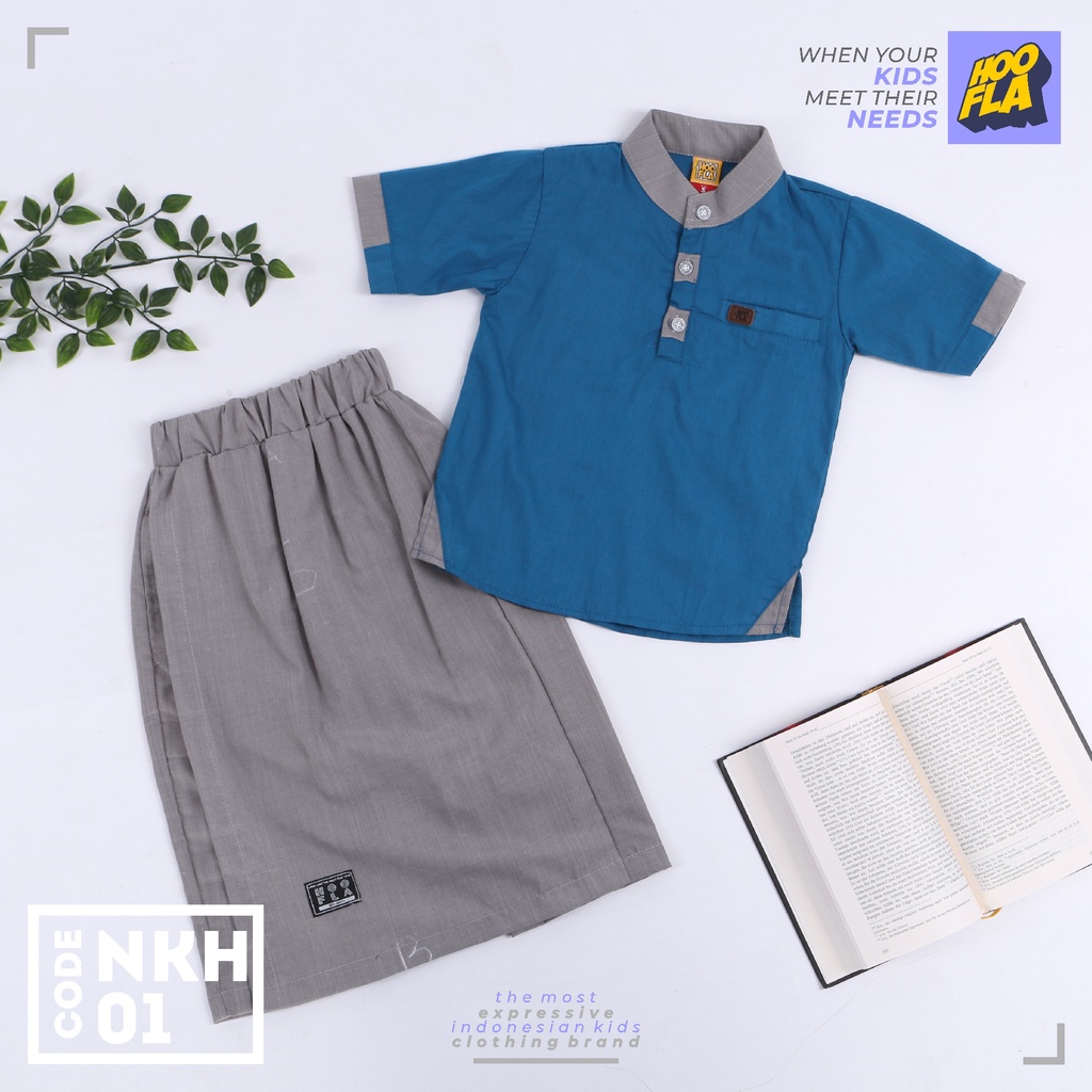 Hooflakids Set Setelan Baju Koko Anak Laki Laki Usia 1-10 Tahun Warna Biru Tosca (NKH01) Bawahan Celana Sarung Sarcel