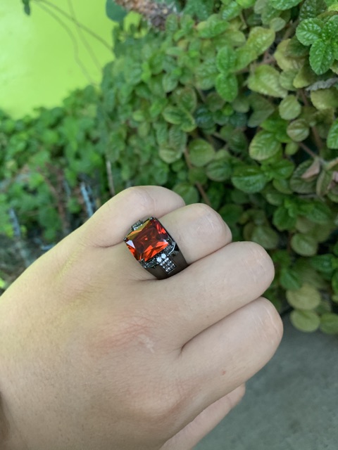 Cincin Pria Akik Merah Red Ruby Casual Minimalis Mewah Ring Hitam 18K Gold Filled Black Platted