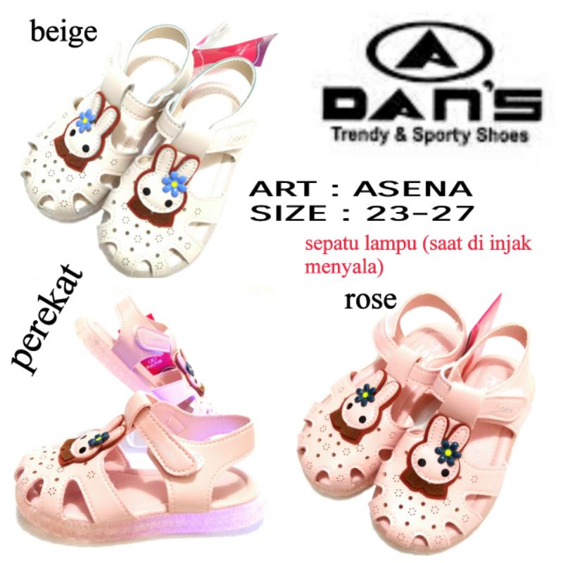 SEPATU SANDAL ANAK PEREMPUAN DANS ASENA LED BISA NYALA WARNA BEIGE DAN ROSE SIZE 23-27