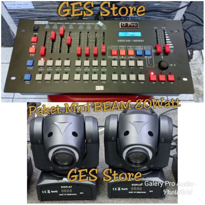 Paket Moving Head Beam LED Lighting Power 80watt 2 unit/ Mixer DMX 512 240 Controled/ 1 set kabel + 