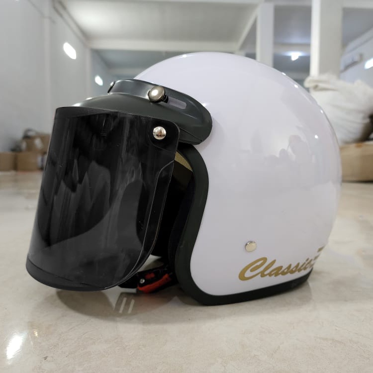 Helm Bogo Retro Dewasa Pria Wanita Polos Klasik SNI Motor-putih glos