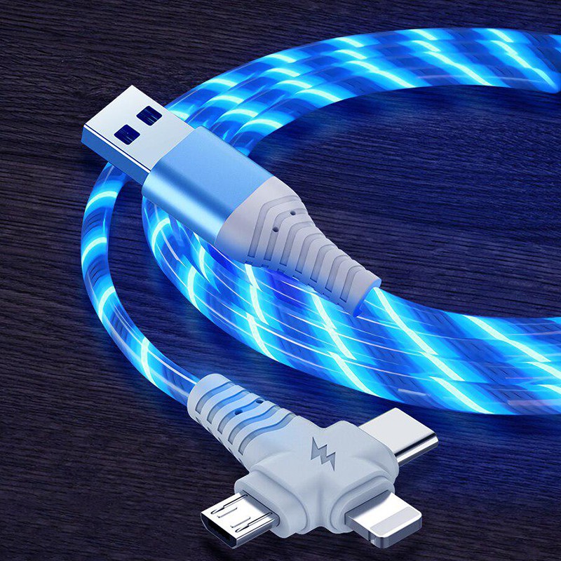 Kabel Lampu Luminous 3in1 LED Mengalir Micro Charging USB Tipe C 8pin Charger