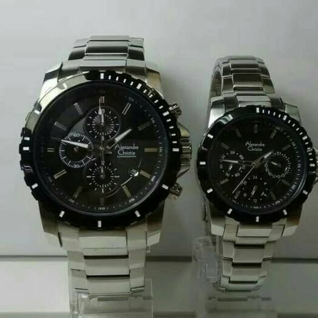 JAM TANGAN COUPLE ALEXANDRE CHRISTIE AC 6141 PASANGAN SILVER BLACK / HITAM RANTAI SILVER ORIGINAL