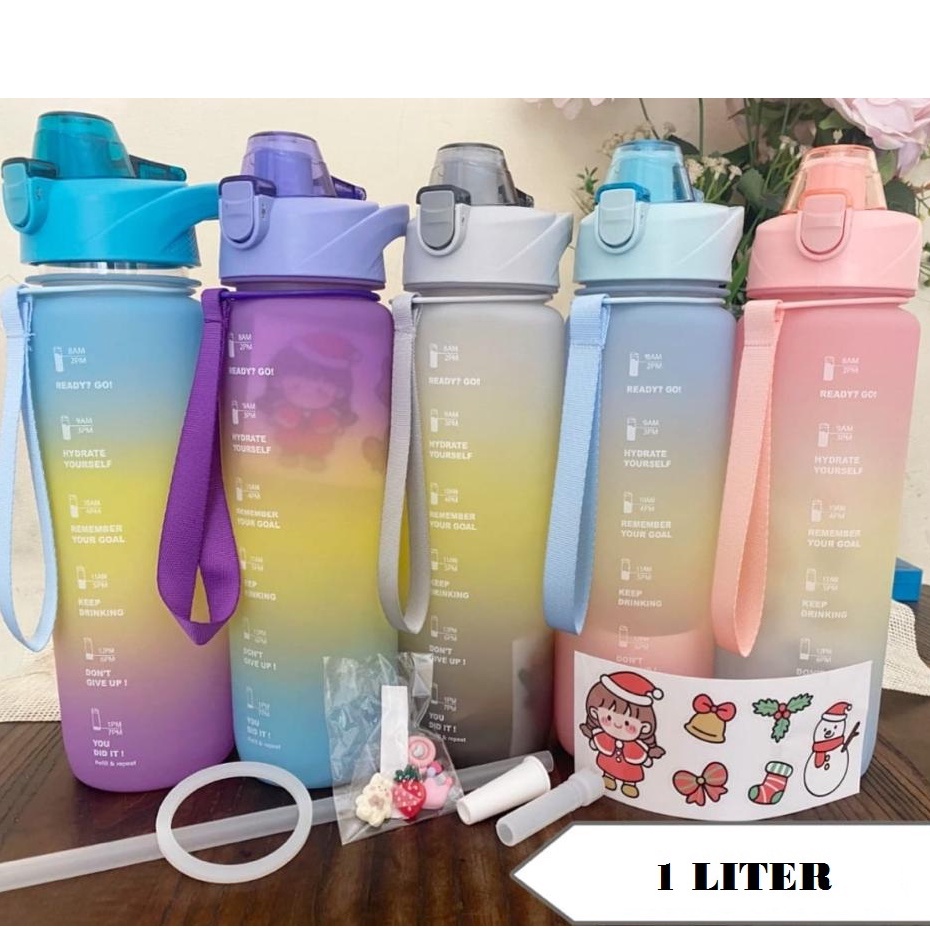 BOTOL MINUM TRITAN 1 LITER 1000 ML WARNA GRADASI / BOTOL MINUM 1L VIRAL MURAH PENANDA WAKTU FREE STICKER 2D + 3D