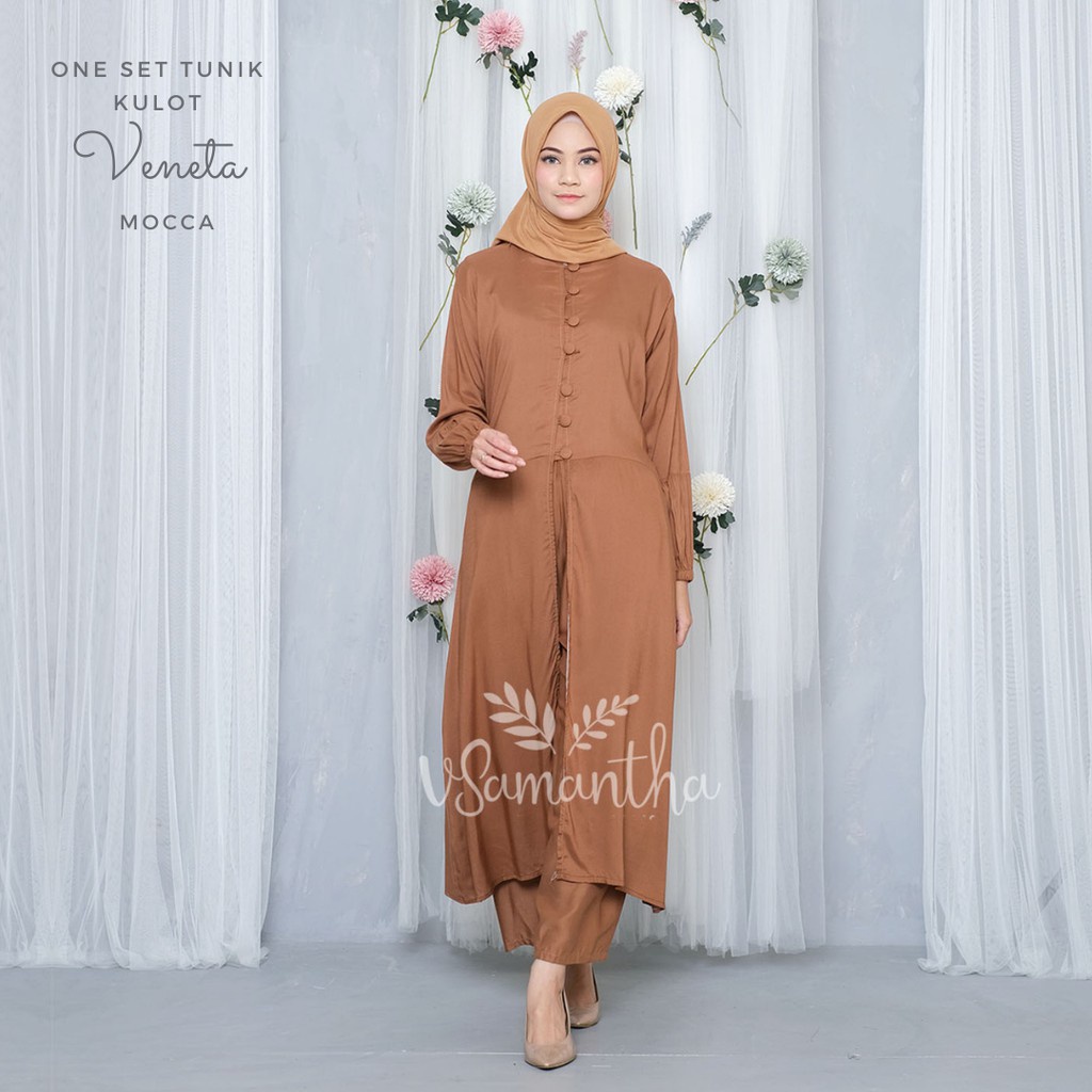 Raszi Official - Setelan Tunik Kulot Polos Veneta Terbaru Bahan Rayon Adem Warna Mocca