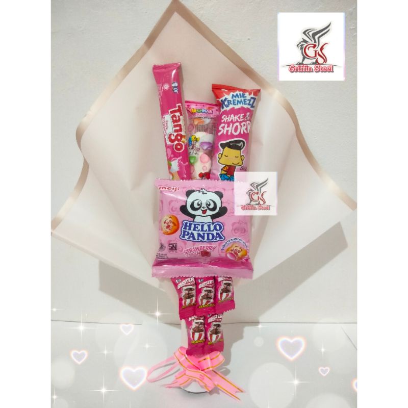 

Snack buket / bouquet 5 macam snack hadiah hampers ulang tahun anak kado snack Pink low budget murah