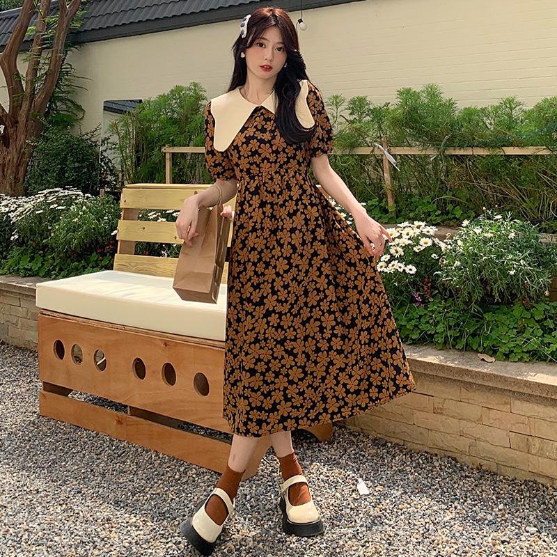 LADYSHOP [COD] D215 French retro doll collar dress female summer 2022 new Hepburn style puff sleeves loose high waist floral dress