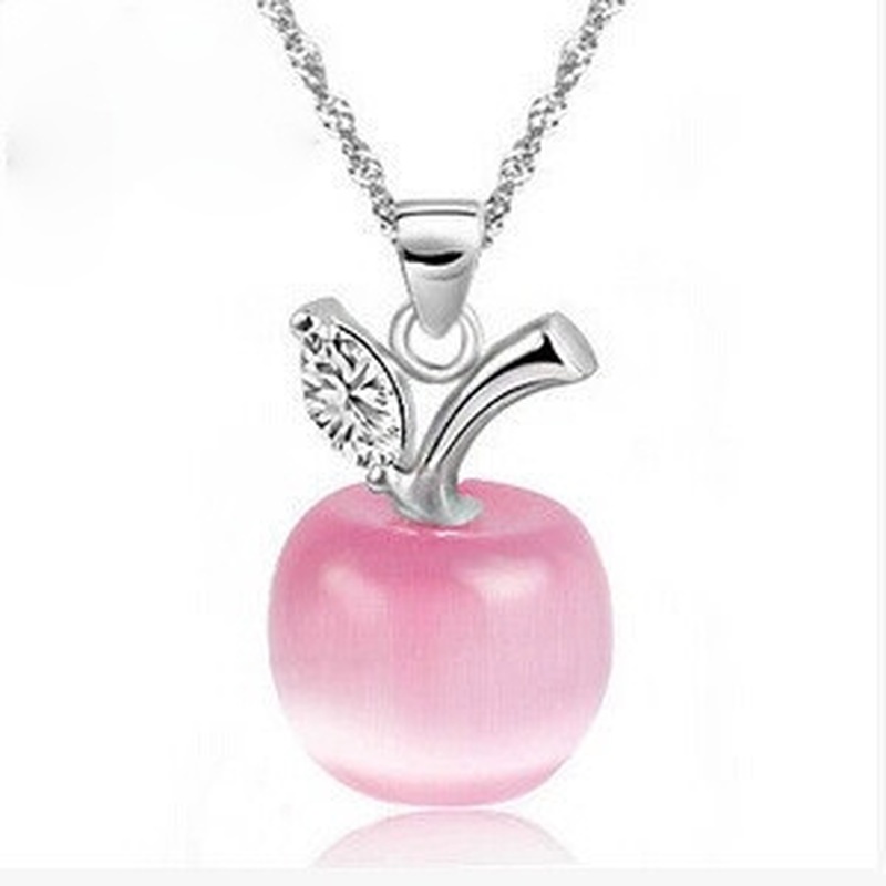 [Ready Stock]Fashion Silver Necklace Apple Pink Crystal Pendant