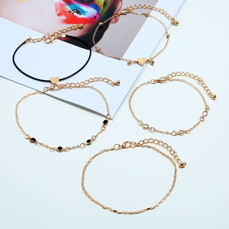 5pcs / Set Gelang Kaki Multilayer Desain Hati Warna Emas Untuk Wanita