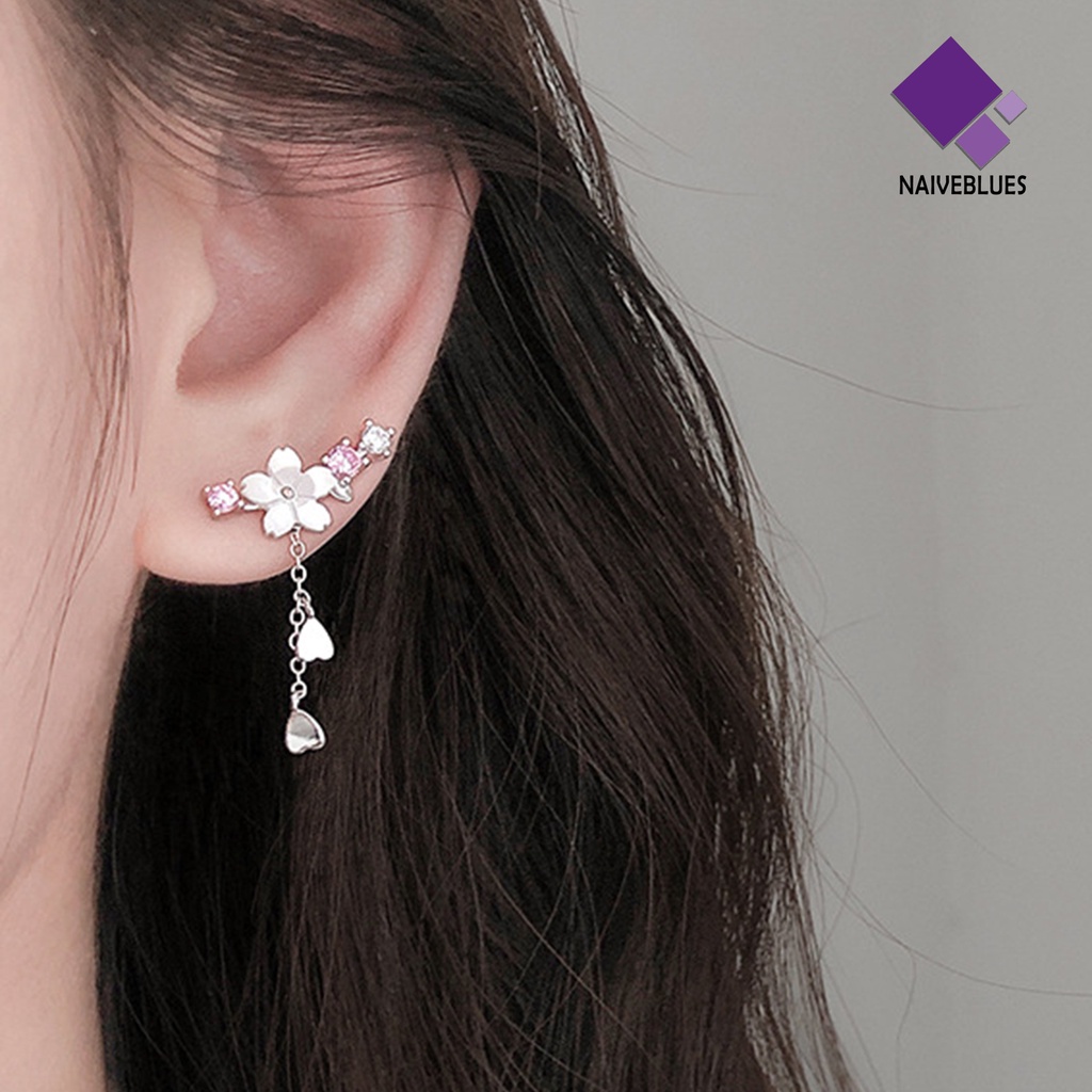 1 Pasang Anting Kait Gantung Bentuk Hati Cherry Blossom Bahan Alloy Aksen Berlian Imitasi