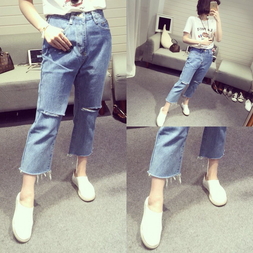 CELANA JEANS WANITA BOYFRIEND CUT KNEE (BAGIAN BAWAH DI CUT)