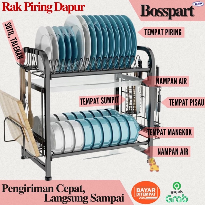 Rak Piring Stainless 2 tingkat / Rak Dapur / Rak Cuci Piring / Rak Penyimpanan Dapur / Rak Pengering Piring 2 susun / Rak Mangkuk Piring