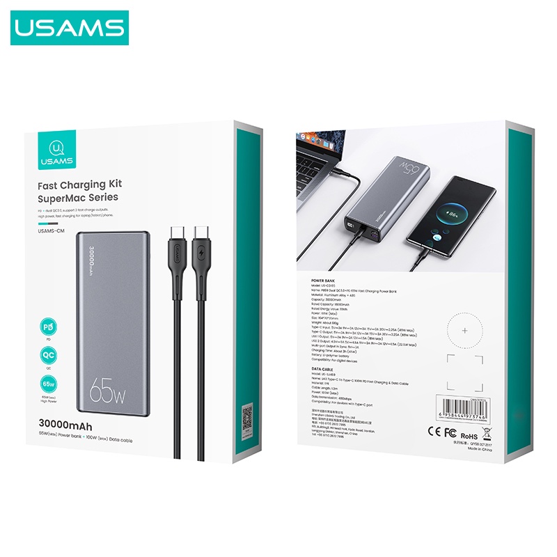 USAMS PB59 Powerbank 30000mAh Fast Charging PD 65W Dual QC3.0 + Kabel Data C to C 100W