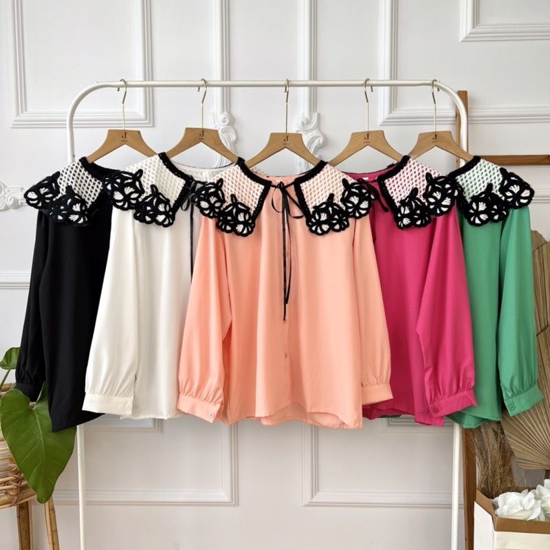 Blouse Renda import. Blouse koreanlook. Blouse kerah. Blouse kerah renda.  Atasan kerah renda. Atasa