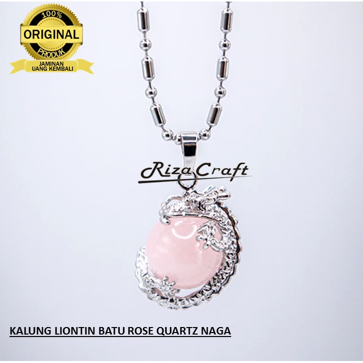 Kalung Titanium Pria Wanita Liontin Batu Rose Quartz Merah Mudah Pink Natural Alam