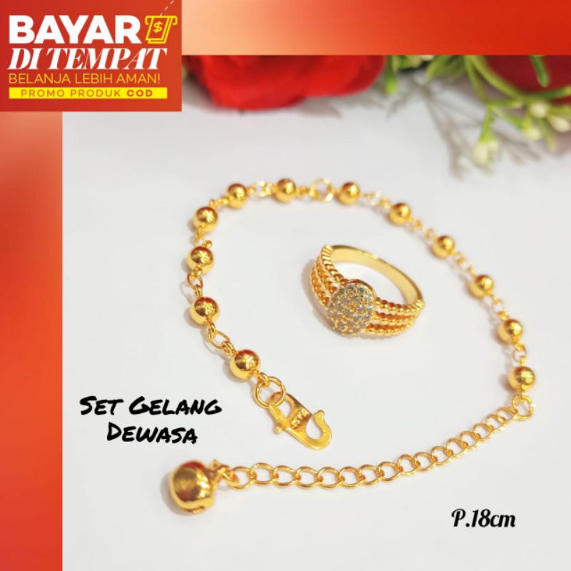 TITANIUM Perhiasan Gelang bijilada+Cincin Gold,lapis emas18k *Anti karat*