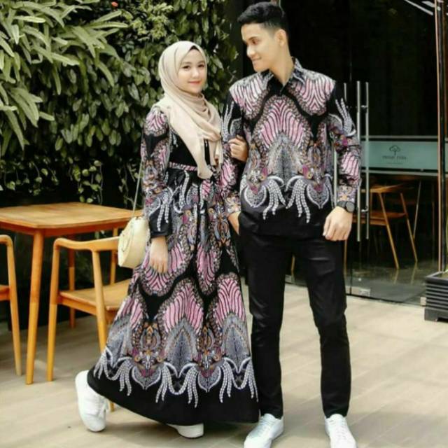 Couple Gamis batik merak pink terbaru