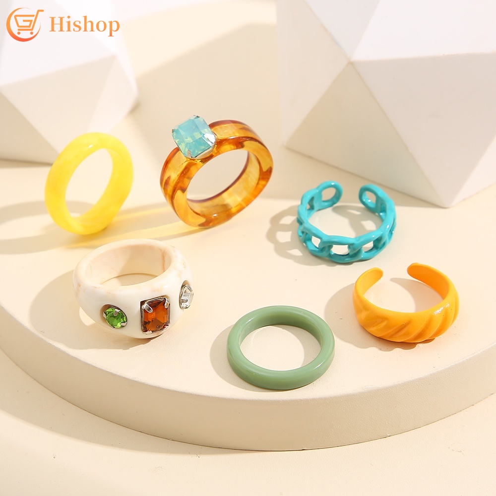 6pcs / Set Cincin Bahan Resin Warna-Warni Dapat Disesuaikan Untuk Wanita