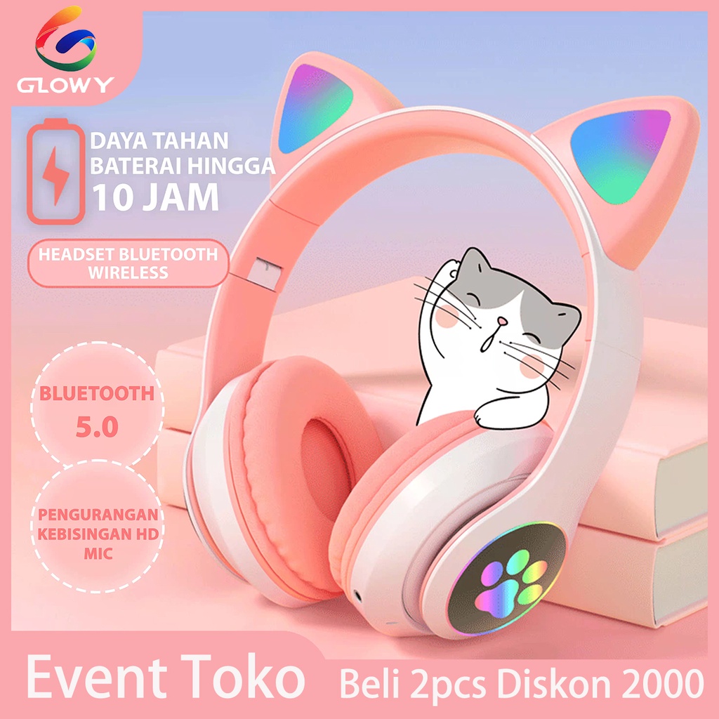 Hadiah ulang tahun telinga kucing baru bluetooth 5.0 headset nirkabel tren lucu headset olahraga hadiah ulang tahun headset gaming baterai super tahan lama 10 JAM