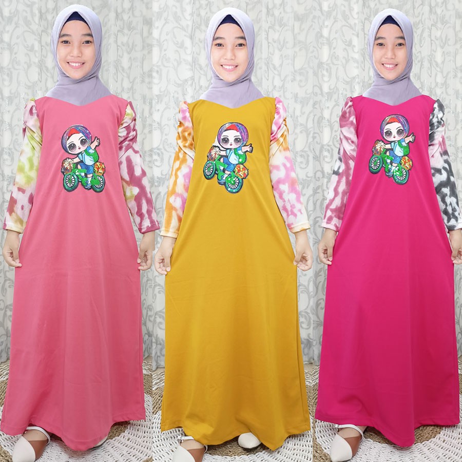 DRESS ANAK LENGAN KERUT TIE DYE GAMIS GAMBAR ANAK SEPEDAAN CARLINA