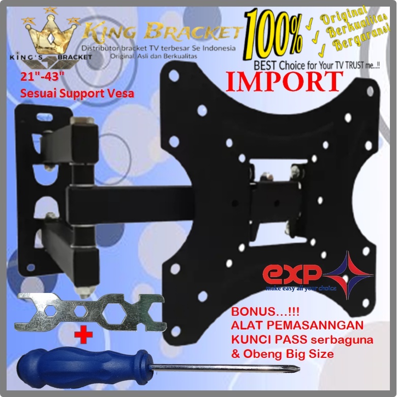 Bracket TV AQUA 14 s/d 43 inch 6 ARAH FULL BESI SUPER KOKOH GARANSI 100% ORI